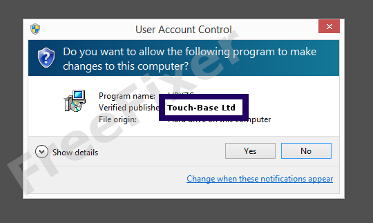 Screenshot where Touch-Base Ltd appears as the verified publisher in the UAC dialog